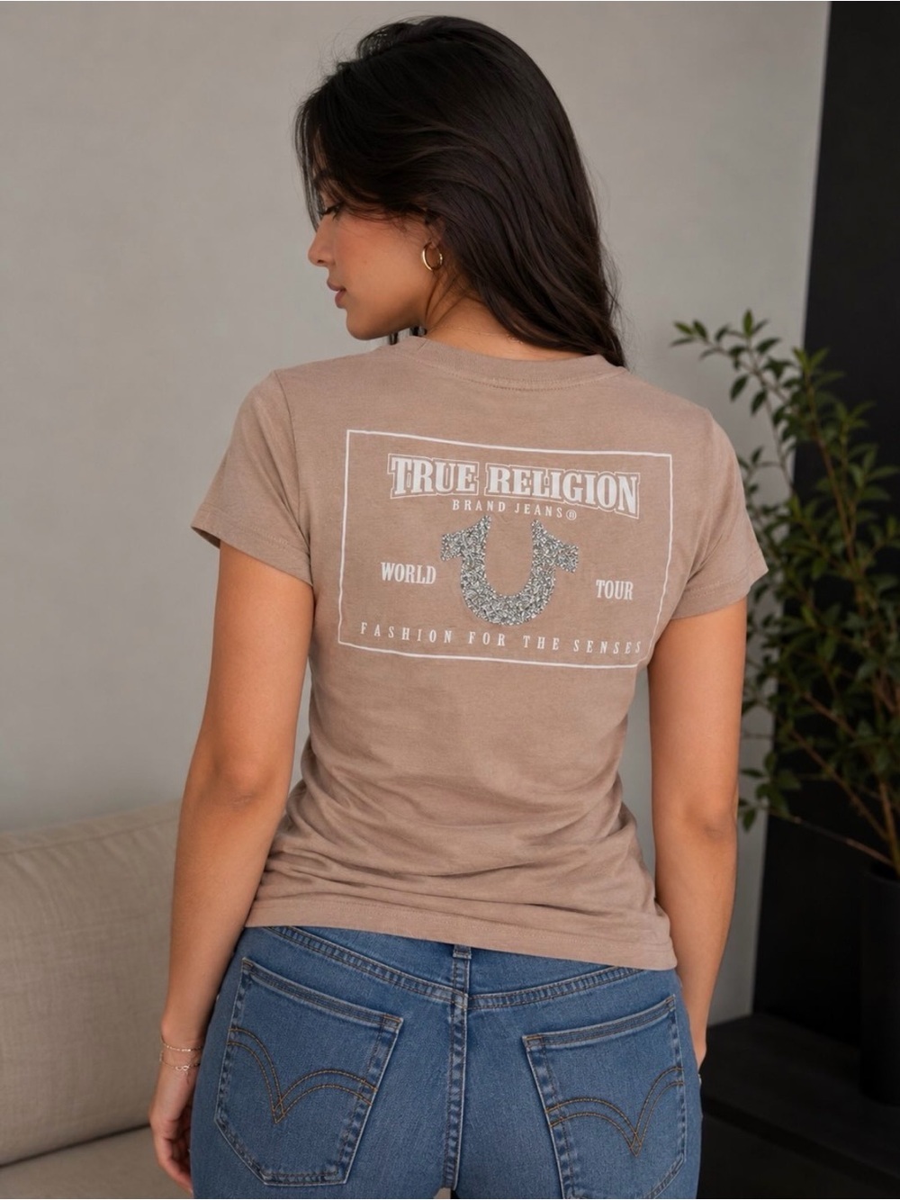 True Religion T-Shirt Women's L Bling Stucco Crushed Crystal World Tour Graphic